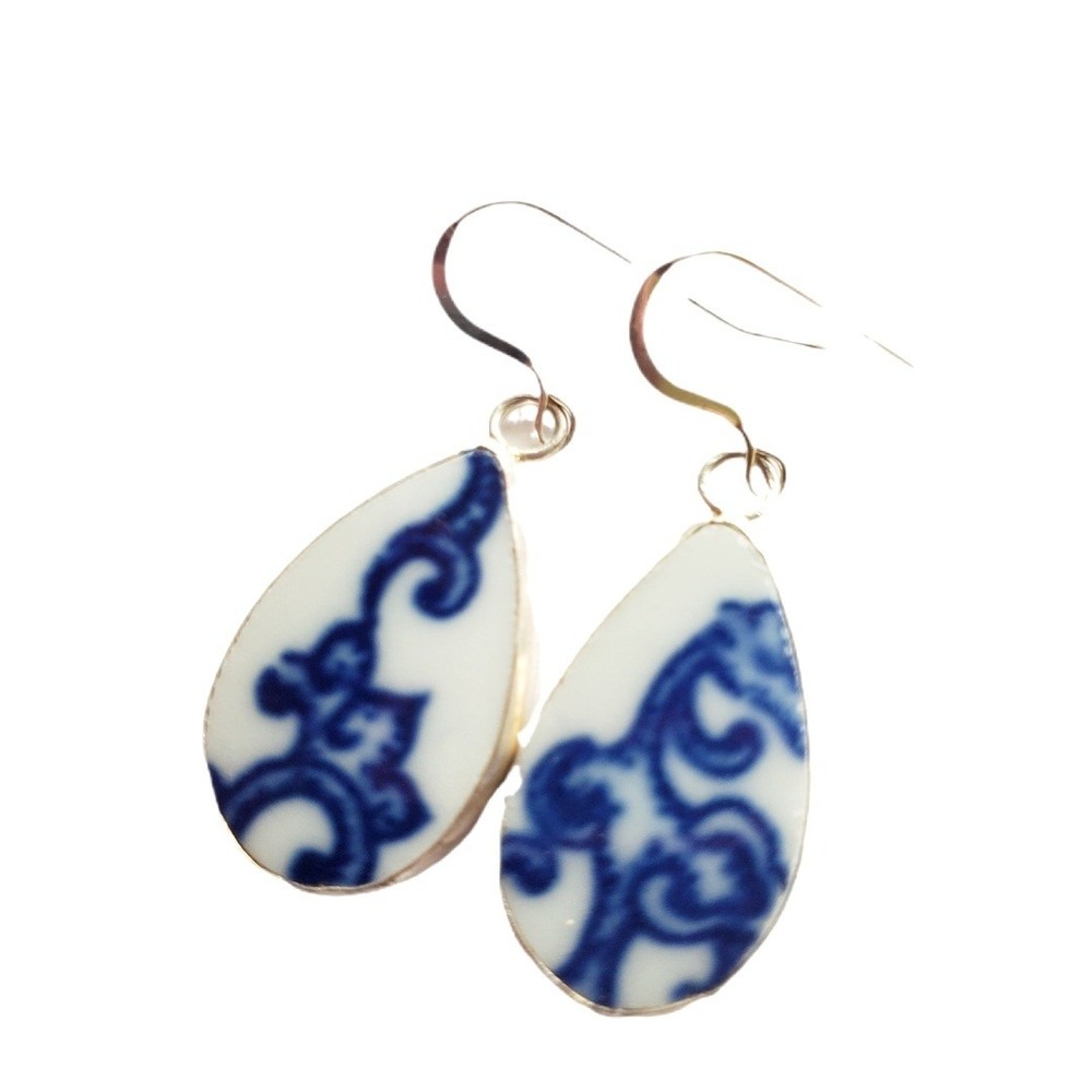 Ming Blue & White Chinoiserie Porcelain Teardrop Earrings Handmade Silver Tone